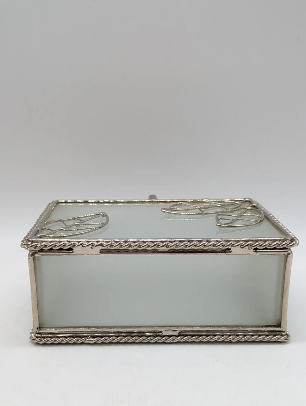 Frosted Glass Metal Leaf Design Rectangular Trinket Box